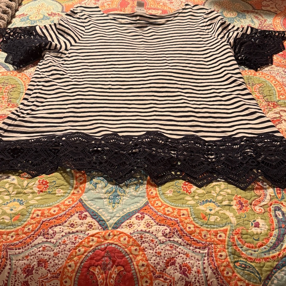 Chicos Top Coastal Grandma Cottage Preppy Boho Lace Stripe Blue White 3 XL 16 DE